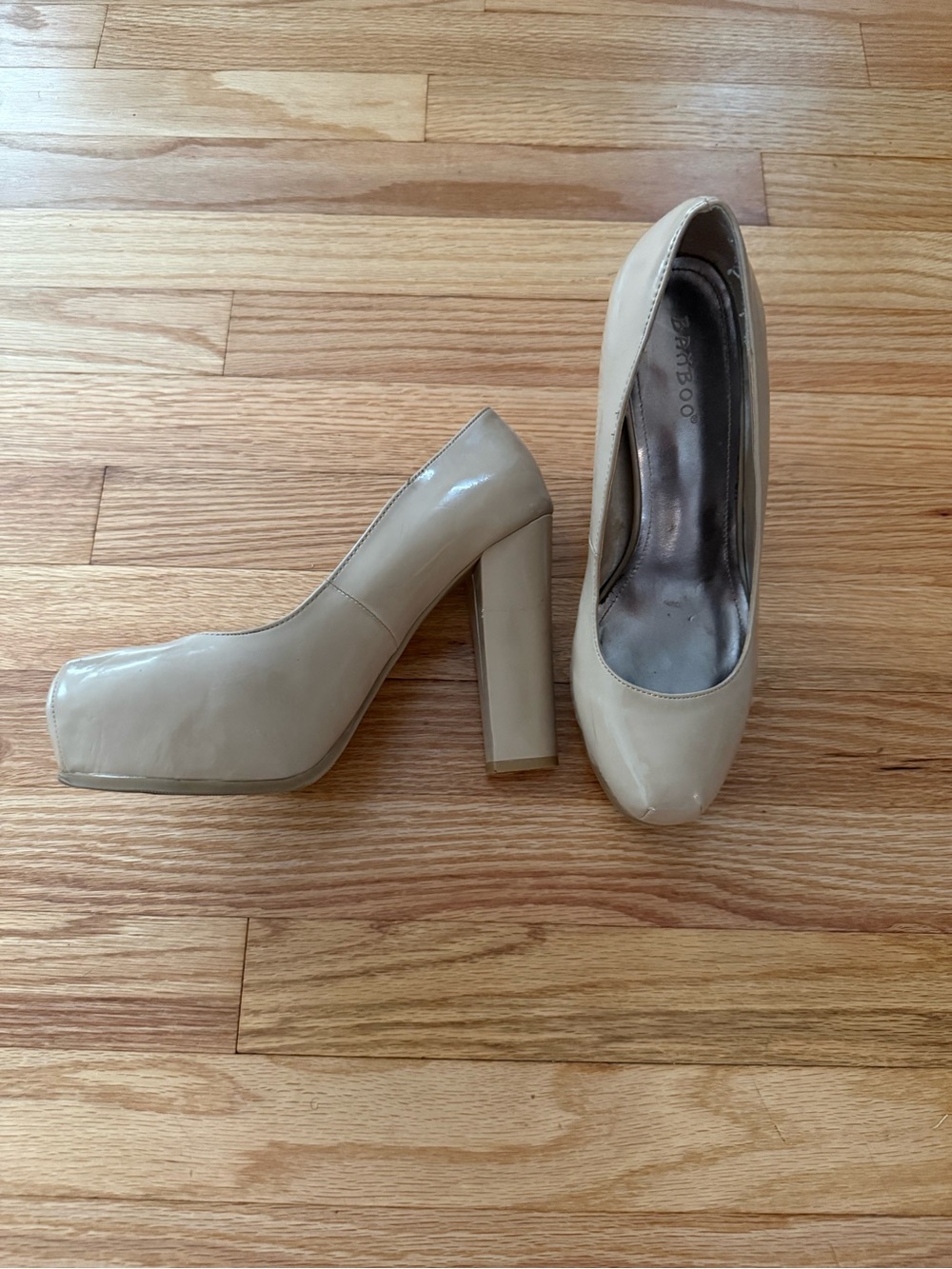 BAMBOO Nude Patent Platform Block Heel Pumps 8.5